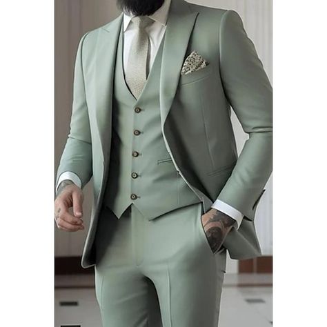 Light Green Tuxedo For Men, Dusty Blue Suit Wedding, Wedding Man Dresses, Groom Attire Sage Green, Light Green Wedding Suit, Green Wedding Suits Men, Sage Suits Men, Light Green Suit Men, Sage Green Tuxedo Wedding