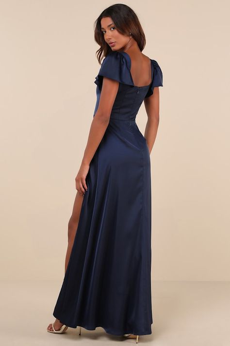 Navy Blue Satin Dress - Flutter Sleeve Dress - Navy Blue Gown - Lulus Navy Blue Satin Dress, Blue Satin Prom Dress, Dark Blue Bridesmaid Dresses, Navy Prom Dress, Formal Dance Dresses, Blue Flowy Dress, Navy Bridesmaid Dress, Lilac Prom Dresses, Navy Blue Gown