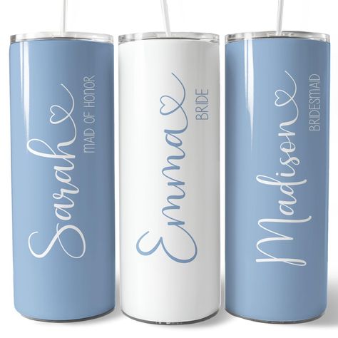 PRICES MAY VARY. PERFECT BRAIDESMAID PROPOSAL GIFT: Our personalized tumbler cups with lid and straw are the perfect bridal party favours. Featuring glossy finish and vibrant colors they are unique bridal party cups for wedding day, bachelorette party or girls trip. PERSONALIZED TUMBLERS WITH NAMES: These team bride coffee mugs can be customized with names and roles. You can gift it to Bridesmaid, Maid of Honor, Matron of Honor, Flower Girl, Mother of the Bride, Mother of the Groom, Aunt of the Dusty Blue Bridesmaid Proposal Boxes, Bridesmaid Proposal Blue, Cups With Names, Personalized Bridesmaids Gifts, Bridal Party Wine Glasses, Party Favor Cups, Bridesmaid Diy, Bridesmaid Wine, Gifts For Wedding