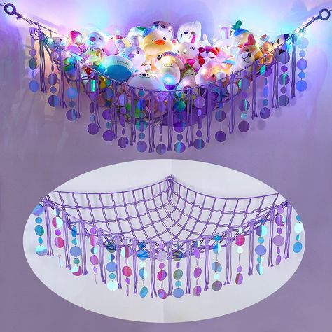 PRICES MAY VARY. Glittery Stuffed Animals Holder - Decorated with translucent sequins around the front of toy hammock, the mirror sequins can reflect a variety of colors which changes according to differnt light or position, and glittered in the sunshine. Unique Design - Stuffed animals organizer come with a string of colored LED lights (requires 2pcs AA batteries, NOT including) which can be used as a night-light. Add a warm atmosphere to your home. The sequins will shine in the daytime, the LE Stuffed Animals Storage, Stuffed Animal Hammock, Hammock Netting, Toy Storage Organizer, Mermaid Room, Colored Led Lights, Purple Rooms, Toy Storage Organization, Stuffed Animal Storage