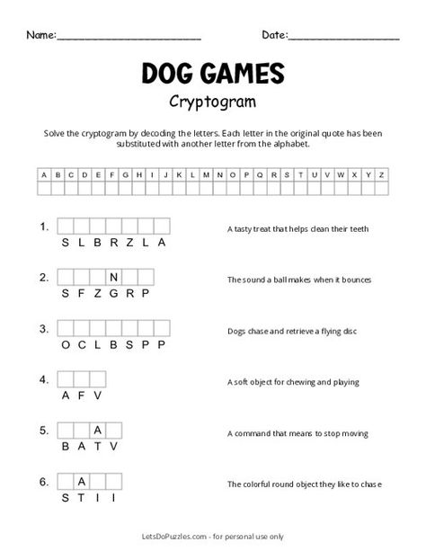 Free Printable Dog Games Cryptogram Cryptograms For Kids Free Printable, Cryptograms Free Printable, Christmas Cryptogram, Halloween Cryptogram, Animal Assisted Therapy Activities Dogs, Doggie Doggie Where's Your Bone Game, Edison Quotes, Thomas Edison Quotes, Benjamin Franklin Quotes