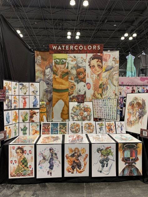 A Beginners Guide to Artist Alley: What to Bring to Your First Convention — Geoff Pascual | Watercolor Anime Artist Bridal Expo Booth Ideas, Bridal Expo Booth, Anime Convention Booth, Expo Booth Ideas, Festival Booth Display, Art Festival Booth, Art Fair Display, Convention Booth, Art Fair Booth