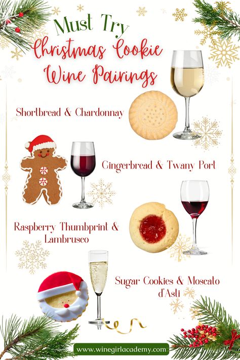 Looking for a festive way to elevate your holiday treats? Discover 4 Christmas cookie and wine pairings that are sure to impress your guests (or make for a cozy night in)! Each pairing is perfectly matched to bring out the best in both the cookie and the wine.  These combos are holiday magic in every bite and sip! 🎄✨🍷Save this post for your next holiday gathering or treat yourself to a festive taste test! #ChristmasCookies #WinePairing #HolidayBaking #ChristmasPartyIdeas #HolidayEntertaining Christmas Cookie Wine Pairing, Christmas Cookie And Wine Pairing, Cookies And Wine Pairings, Wine And Cookie Pairing, Cookie And Wine Pairing, Holiday Wine Tasting, Wine Recommendations, Wine Knowledge, Food Pairing