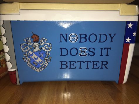 Theta Xi Cooler, Delta Sigma Phi Cooler, Theta Chi Frat Cooler, Phi Delta Theta Cooler, Gf Things, Painted Fraternity Coolers, Nola Cooler, Frat Formal, Formal Cooler Ideas