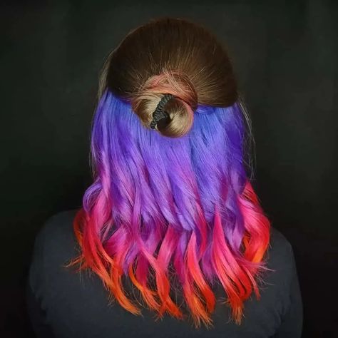 Hidden Hair Color Ideas, Boo Ideas, Hidden Rainbow Hair, Natural Dark Hair, Hidden Hair Color, Peekaboo Hair Colors, A Line Haircut, Wild Hair Color, Blonde Streaks