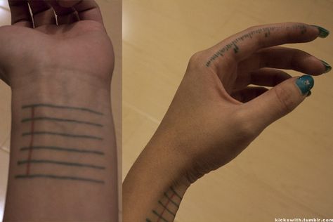 “This is my ruler and notepad tattoo. I believe that tattoos can be used for functionality as well as memory. I’m a designer, so I use the ruler for buttons, zippers, and trim widths. Usually the notepad has an address or to-do list on it.” | This Is The Most Useful Tattoo In The World Piercings Bonitos, Clever Tattoos, Shape Tattoo, 1 Tattoo, Skin Art, Piercing Tattoo, Get A Tattoo, Body Mods, Tattoo Stickers