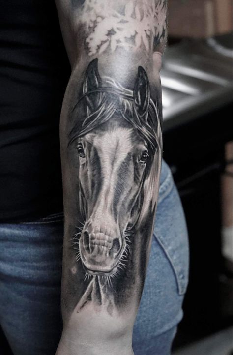 My lovely horse will always be with me 🥰🐴🏇🏼 Black And Grey Horse Tattoo, Horse Tattoo Sleeve For Women, Horse Portrait Tattoo, Memorial Horse Tattoo, Horse Tattoo Ideas, Western Sleeve, Micro Tattoo, Horse Tattoos, Horse Tattoo Design