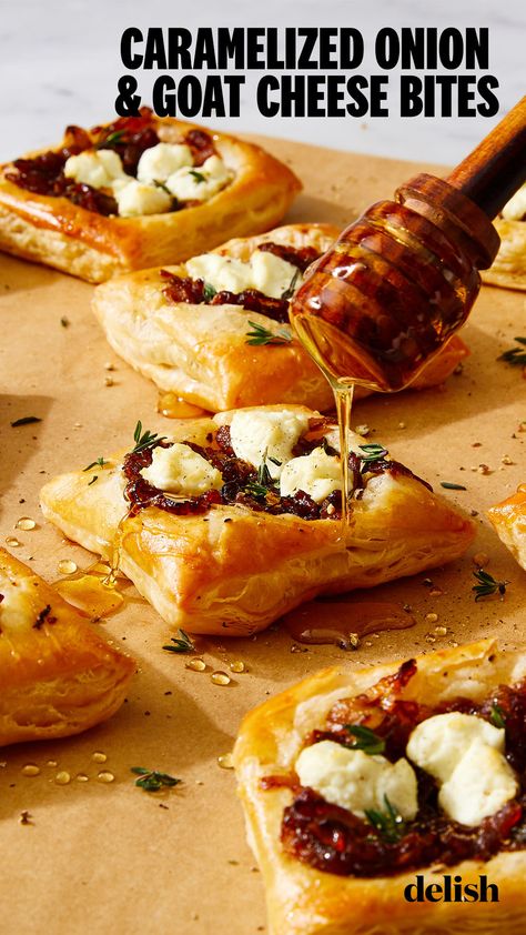 Frozen puff pastry is a great staple to have in your freezer at all times. It can transform almost any ingredient into a showstopping bake. This recipe uses... Goat Cheese Bites, Cheese Bites Recipe, Puff Pastry Appetizers, Pastry Appetizer, Carmelized Onions, Fall Appetizers, Tart Baking, Cheese Bites, Caramelized Onion