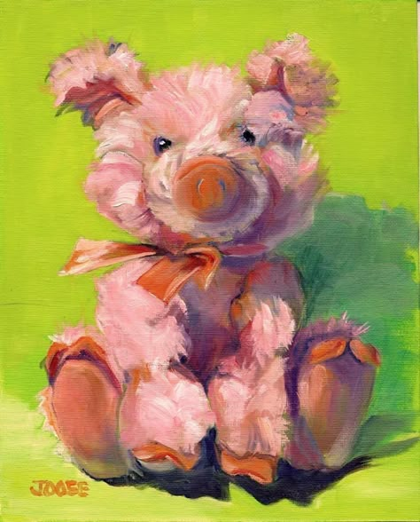 Joose Hadley | Pink Poink the Piglet Toy Painting, Series Prints, Pig Art, Stuffed Toy, Art Frame, Green Backgrounds, Animal Paintings, Pink Background, Toy Story