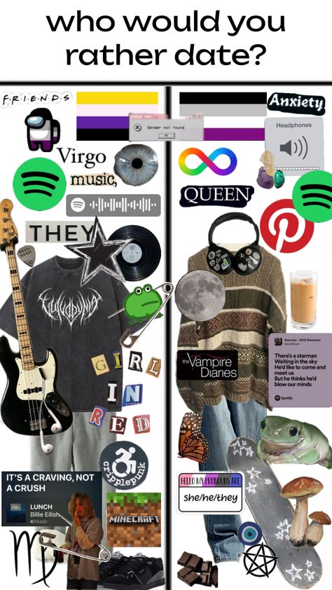 who would you rather date? #queer #dating #bsf #whichonewouldyoudate? Would You Date Him Board, Would You Date Him Outfit Board, Would You Date Him Outfit, Queer Date Ideas, Aj Core, Mood Outfits, Would U Rather, Pride Stuff, Witchy Aesthetic