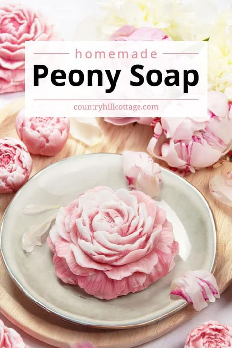 See how to make beautiful DIY peony soap at home! Pink peony hand soap delivers gentle cleansing paired with a luxurious feel and aromatic fragrances. This easy homemade soap recipe shows how to make an intricate flower soap with a melt and pour soap base and peony infused oil. The step by step tutorial includes video instructions and tips for ingredients, supplies list, tools, equipment, molds, techniques, storage, packaging and gift giving. An easy idea for beginners! | CountryHillCottage.com Easy Homemade Soap, Homemade Soap Recipe, Diy Peony, Bath Salts Diy, Cold Process Soap Recipes, Soap Tutorial, Pink Soap, Infused Oil, Diy Lotion