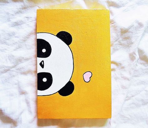 acrylic-painting-of-panda-head-pink-heart-above-it-how-to-draw-step-by-step-yellow-background Cute Easy Paintings, Kids Canvas Art, Small Canvas Paintings, Simple Canvas Paintings, Canvas Painting Tutorials, Cute Canvas Paintings, Easy Canvas Art, Canvas Drawings, Easy Canvas Painting