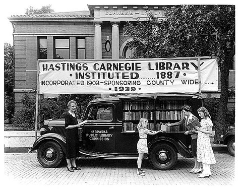 Bookmobile, Nebraska Public Library Commission, at the Hastings Carnegie Library, 1939. Hastings Nebraska, Huskers Football, National Library Week, Downtown Shopping, Book Rooms, Library Week, Carnegie Library, Mobile Library, Liberal Arts College