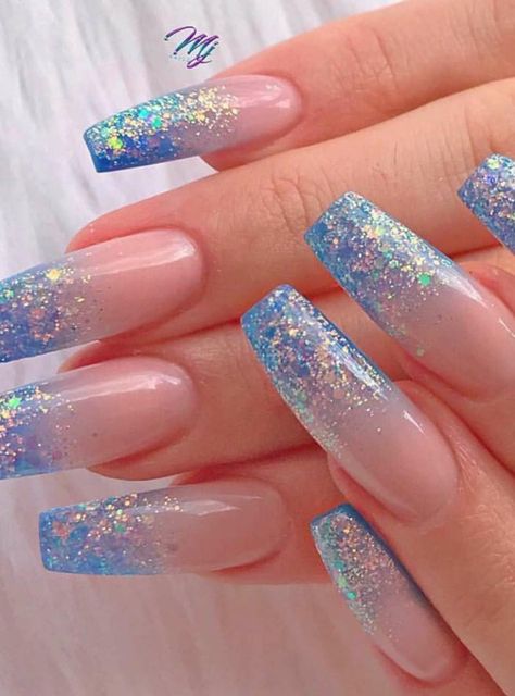 Nails Glitter Tips Ombre, Royal Blue Ombre Nails Glitter, Blue Sparkly Ombre Nails, Ombre Nails Blue Glitter, Blue Ombre Sparkle Nails, Glitter Light Blue Nails, Blue Glitter Ombré Nails, Blue And Glitter Nail Ideas, Blue Glitter Ombre Nails Acrylic