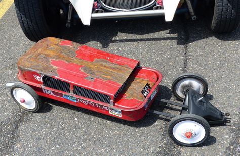 Hot Rod Radio Flyer Wagon, Ratrod Ideas, Vintage Go Karts, Custom Radio Flyer Wagon, Wagon Ideas, Radio Flyer Wagon, Pull Wagon, Homemade Go Kart, Kids Wagon