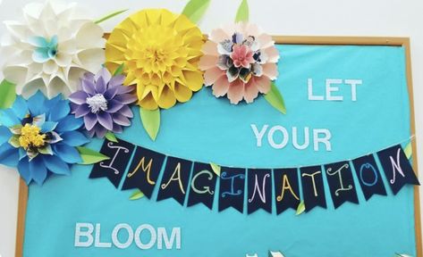 30 Spring Bulletin Boards To Brighten Your Classroom Imagination Bulletin Board Ideas, Blooming Bulletin Board Ideas, Flower Bulletin Boards Preschool, Reading Bulletin Boards Elementary, Spring Bulletin Board Ideas, Spring Library, Flower Bulletin Boards, Bloom Theme, Elementary Bulletin Boards