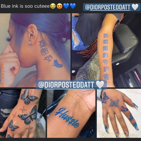 🤍𝑊𝑎𝑡𝑐ℎ 𝑀𝑦 𝑆𝑡𝑜𝑟𝑦💞 on Instagram: “Would you get someone’s name tatted on you?✍🏾🦋(𝑓𝑜𝑙𝑙𝑜𝑤 @diorposteddatt 𝑓𝑜𝑟 𝑚𝑜𝑟𝑒🤍)𝐶𝑙𝑖𝑐𝑘 𝑡ℎ𝑒 𝑙𝑖𝑛𝑘 𝑖𝑛 𝑚𝑦 𝑏𝑖𝑜 𝑡𝑜 𝑑𝑜𝑤𝑛𝑙𝑜𝑎𝑑💙” Black And Blue Tattoos For Women, Blue Ink On Dark Skin, Dark Blue Ink Tattoo, Black And Blue Ink Tattoo, Blue Ink Tattoos Black Women, Wrist Tattoos Words, Blue Ink Tattoos, Dark Skin Tattoo, Matching Best Friend Tattoos