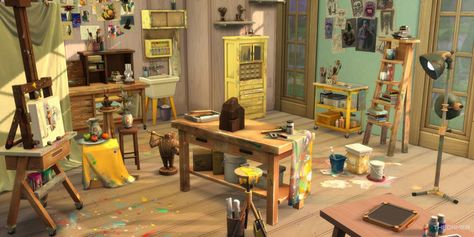 Here's what you can get to design your perfect creative space with The Sims 4: Artist's Studio Kit. Sims 4 Art Studio, Sims 4 Seasons, Sims 4 Cottage, Storybook Nursery, Fashion Designer Studio, Sims Building, Artist House, Island Living, Sims 4 Build