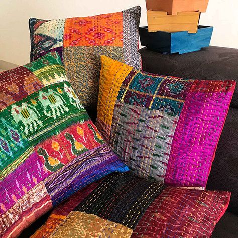 Patchwork Cushion Covers, Traditional Cushion Covers, Kantha Design, Indian Cushions, Indian Pillows, Kantha Cushions, Crochet Cushion, Silk Cushions Covers, Crochet Cushion Cover