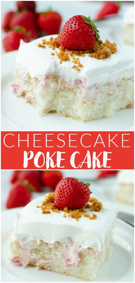 Cheesecake Poke Cake Recipes, Strawberry Cheesecake Poke Cake, Cheesecake Poke Cake, Strawberry Cheesecake Filling, Strawberry Poke Cake, Fake Ginger, Strawberry Poke Cakes, Cake Delicious, Tasty Desserts