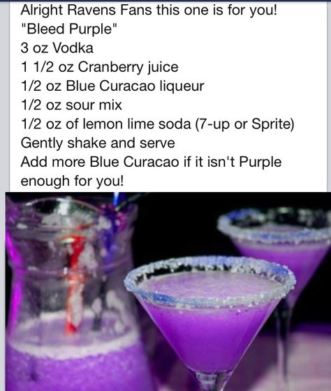 Bleed Purple Drink- For those Ravens Fans Alcoholic Slush Recipes, Purple Drink, Blue Curacao Liqueur, Martini Ingredients, Perfect Martini, Purple Drinks, Pudding Shots, Lemon Lime Soda, Purple Dragon