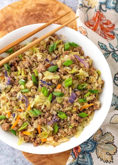 Instant Pot Egg Roll in a Bowl is a delicious low carb one pot recipe. A simple meat & cabbage dish with a nice Asian flavored sauce. Also called Crack Slaw Instant Pot Egg Roll In A Bowl, Instant Pot Recipes Low Sodium, Ground Chicken Instapot Recipes, Ground Pork Instant Pot Recipes, Ground Turkey Instant Pot Recipes, Instant Pot Ground Turkey Recipes, Pressure Cooker Eggs, Simply Happy Foodie, Low Carb Instant Pot Recipes