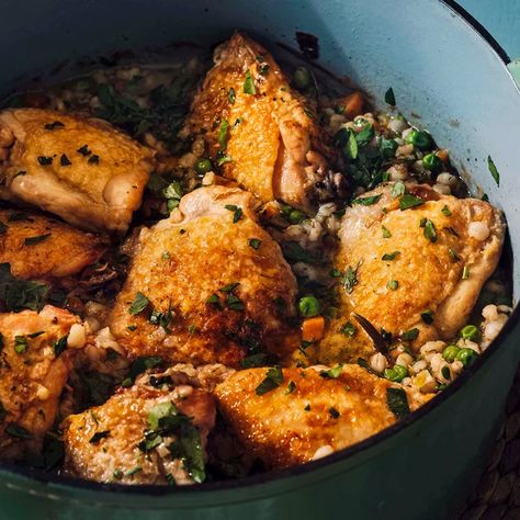 One-Pot Roast Chicken With Barley, White Wine & Peas | SheerLuxe Roast Chicken Recipe, Barley Recipe, Pearl Barley, Pea Recipes, Roast Chicken Recipes, One Pot Dishes, Mary Berry, Oven Cooking, Chicken Pot