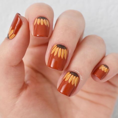 Nail Art by Amber | 30 Day Autumn Photo (Nail) Challenge Day 10: Autumn Flowers 🌻 I was inspired by @polished_yogi version of this sunflower design (swipe… | Instagram Sunflower On Nails, Marigold Nail Art, Autumn Flower Nails, Sunflower Nail, Nail Art Autumn, Sunflower Nails, Graphic Eyeliner, Orange Nails, Autumn Nails