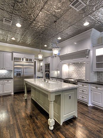 Tin Ceiling Kitchen, Kitchen Ceiling Ideas, Kitchen Ceiling Design, American Tin Ceiling, Tin Ceilings, Ceiling Kitchen, Pressed Tin, Lighting Design Ideas, Tin Tiles