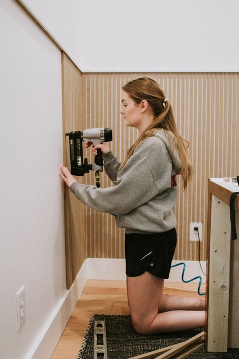 Installing Modern Wainscoting in the Office | Nadine Stay Wainscoting Office, Modern Wainscoting, Nadine Stay, Vertical Slats, Garden Pallet, Wood Slat Wall, Floor Trim, Hallway Ideas Entrance, Hallway Ideas Entrance Interior Design