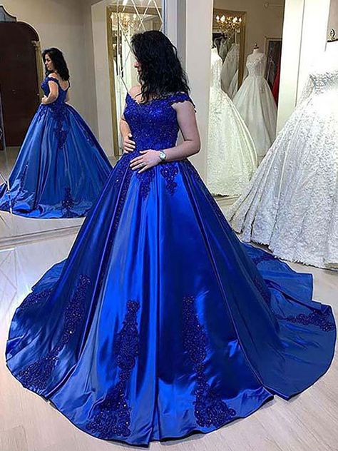 Ball Gown Long Blue ng Satin Applique Straps Evening Dresses 2023 is made-to-order by professional tailors. You can choose from 40+ colors and sizes 2 to 16W. The dress details:Season:Spring,Summer,Fall,Winter;Waist:Natural;Back Style:Lace Up;Silhouette:Ball Gown;Fabric:Satin;Embellishment:Applique;Neckline:Straps;Sleeve:Sleeveless;Hemline/Train:Court Train;Built-In Bra:Yes;Shown Color:Royal Blue Royal Blue Ball Gown, Party Gowns Evening, Royal Blue Quinceanera Dresses, Pretty Frocks, Off Shoulder Ball Gown, Dresses Yellow, Quinceanera Dresses Blue, Evening Wear Dresses, Satin Ball Gown