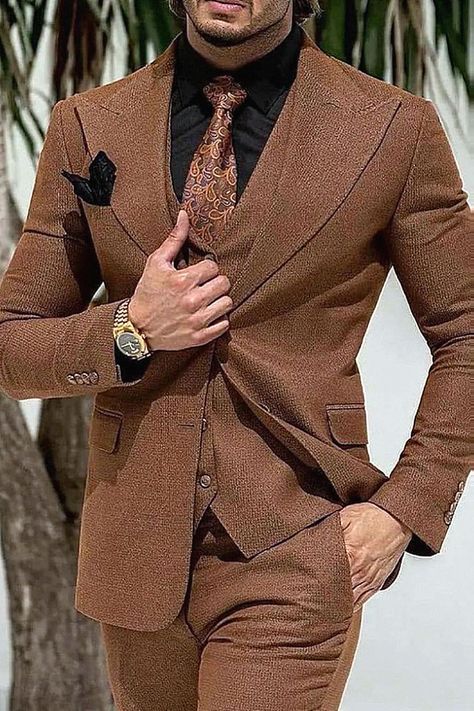 Find the trendy wedding guest outfit for him.#weddingguestfashion #guestlookformen Brown Three Piece Suit Men, Suits For Men Wedding Classy, Brown Three Piece Suit, Trendy Wedding Guest Outfit, 3 Piece Suit Men Wedding, Hollywood Suits, Suits For Men Wedding, Mens Vest Coat, Brown Suits For Men