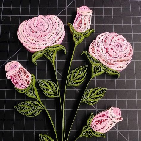 Moira Drake on Instagram: “Phase two of the "Grammy project": pink roses. These will be incorporated with the cat into a garden scene for my Grammy's 95th birthday!…” Quilled Roses, Quilling Comb, Quilling Butterfly, Quilling Flower Designs, 95th Birthday, Neli Quilling, Quilling Animals, Quilled Flowers, Paper Quilling For Beginners