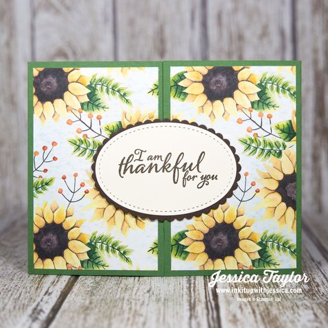 Sometimes it’s fun to mix things up and try something new. Like a different fold for your handmade cards! Instead of opening up from the bottom or the side, this fun gate fold card opens from the middle… Garden Green card base: 4-1/4″ x 11″ scored at 2-3/4″ from each end Sunflower paper: (2) 2-1/2″ … Sunflower Paper, Card Shapes, Tri Fold Cards, Card Making Ideas, Gatefold Cards, Fun Folds, Card Making Tips, Card Layouts, Fold Cards