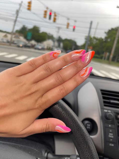 Pink And Orange Swirl Nails Almond, Orange Acrylic Nails, Almond Acrylic Nails, Orange Nails, Almond Nails, Pink Nails, Summer Nails, Nail Inspo, Pink And Orange