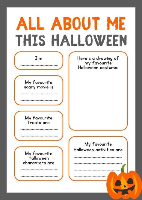 Fall About Me Worksheet, Halloween Worksheets For Kids, Hallowen Crafts, Nanny Activities, 2nd Grade Class, All About Me Worksheet, English Grammar For Kids, Halloween Text, Santa Template