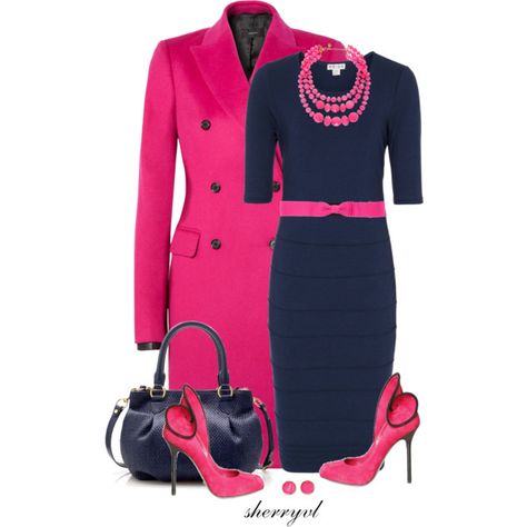 "Navy And Hot Pink Contest" Orange Dress Outfits, Pink Shoes Outfit, Navy And Hot Pink, Navy Blue Outfit, فستان سهرة, Business Outfit, Complete Outfits, Color Combo, Work Attire