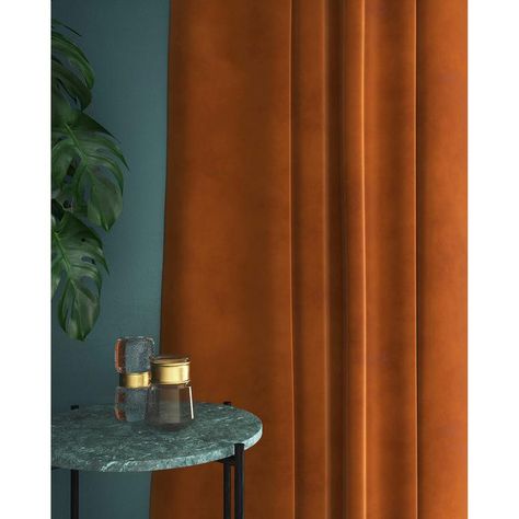 Burnt Orange Bathroom, Orange Velvet Sofa, Burnt Orange Curtains, Burnt Orange Velvet, Orange Curtains, Orange Bathrooms, Living Room Styles, Velvet Upholstery Fabric, Orange Velvet