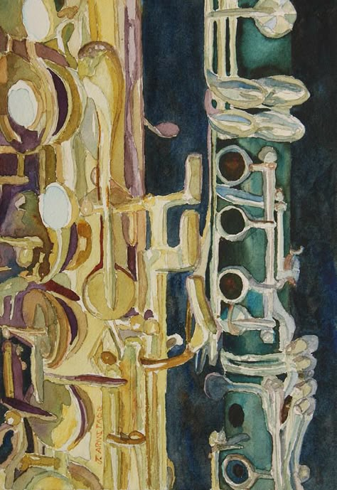 Jenny Armitage | WATERCOLOR | Midnight Duet Musical Instruments Paintings, Clarinet Art, Jazz Painting, Instruments Art, Jazz Art, Music Drawings, Music Painting, Music Artwork, Musical Art