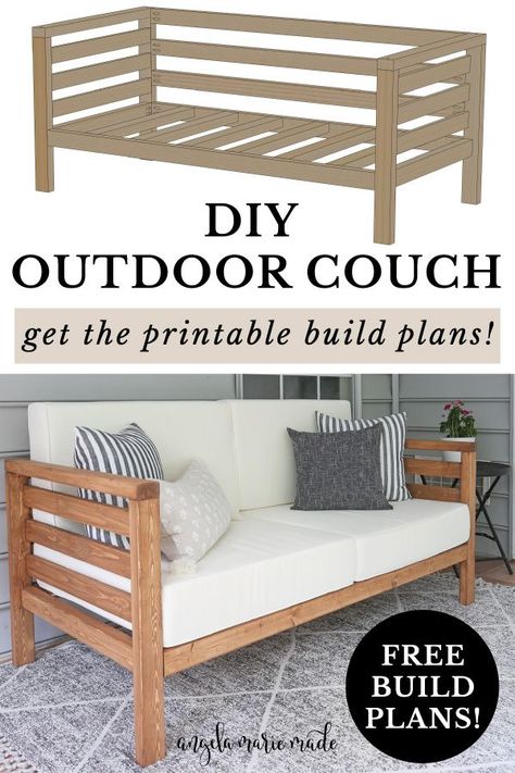 DIY outdoor couch Diy Outdoor Couch, Outdoor Couch Diy, Build Outdoor Furniture, Front Porch Furniture, Wooden Couch, Glam Bathroom, Diy Bench Outdoor, Porch Chairs, Patio Couch