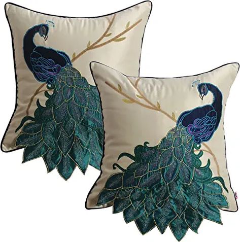 Amazon.com : peacock throw pillows Peacock Throw Pillows, Peacock Pillow, Silk Throw Pillows, Peacock Decor, Bird Pillow, Room Refresh, Bantal Sofa, Handmade Pillowcases, Refresh Your Home