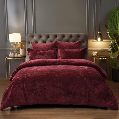 PRICES MAY VARY. What You Can Get: PHF velvet bed in a bag for all your matching needs: 1 comforter(104"x90"), 2 Pillow Shams(20"x36"), 2 Euro Shams (26"x26"). Due to the vacuum packaging, after receiving the comforter, you need to hang it up and pat it, wait for it to get fluffy again and you can enjoy a comfortable and relaxing sleep. Luruxy Home Decor: PHF Crushed Velvet fabric shows stunning texture and lustre in the light, creating a glamourous light and shadow effect that easily creates a Purple And Silver Bedroom, Maroon Bedding, Winter Bedroom Decor, Bedding Comforter Sets, Red Comforter, Silver Bedroom, Velvet Comforter, Red Bedroom, Velvet Duvet