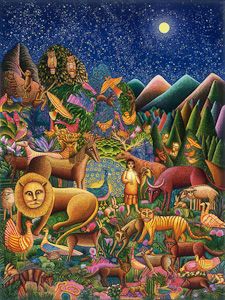 Peaceable Kingdom, a serigraph by John August Swanson World Day Of Prayer, Latin American Folk Art, Peaceable Kingdom, Advent Art, Hebrew Scriptures, Isaiah 11, Kingdom Art, Liturgical Art, Family Music