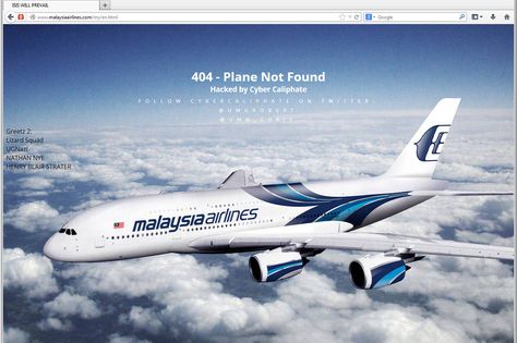 404 - Plane Not Found. Malaysia Airlines Website Hacked by Group Calling Itself ‘Cyber Caliphate’ Lizard Squad, Malaysian Airlines, Airline Booking, Airline Company, Malaysia Airlines, Airbus A380, Airline Flights, Boeing 777, American Travel