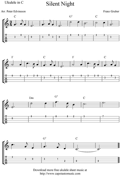 ✓"Silent Night" Ukulele Sheet Music - Free Printable Christmas Ukulele Songs, Ukulele Sheet Music, Ukulele Fingerpicking Songs, Christmas Ukulele, Ukulele Tabs Songs, Ukulele Fingerpicking, Ukulele Songs Beginner, Ukulele Tuning, Easy Ukulele Songs