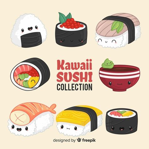 Hand drawn charming sushi collection | Free Vector #Freepik #freevector Wolf With Red Eyes, Sushi Drawing, Kawaii Sushi, Sushi Cat, Kawaii Faces, Shrink Art, Food Cartoon, Japanese Sushi, Japan Culture