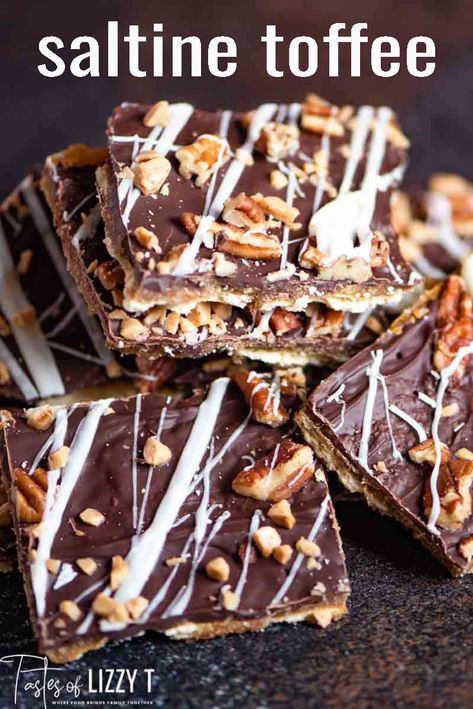 If you love sweet and salty desserts, this Saltine Cracker Candy is for you! Rich, buttery toffee surrounds crunchy soda crackers. Top with sweet chocolate!  If there’s one homemade candy that I can eat my weight of, it’s Christmas Crack. Saltine Cracker Candy. Saltine Toffee. Soda Cracker Candy. #cracker #candy #toffee #saltine Sweet And Salty Desserts, Saltine Cracker Candy, Chocolate Pecans, Aka Christmas, Salty Desserts, Easy Toffee, Saltine Cracker, Saltine Toffee, Soda Crackers