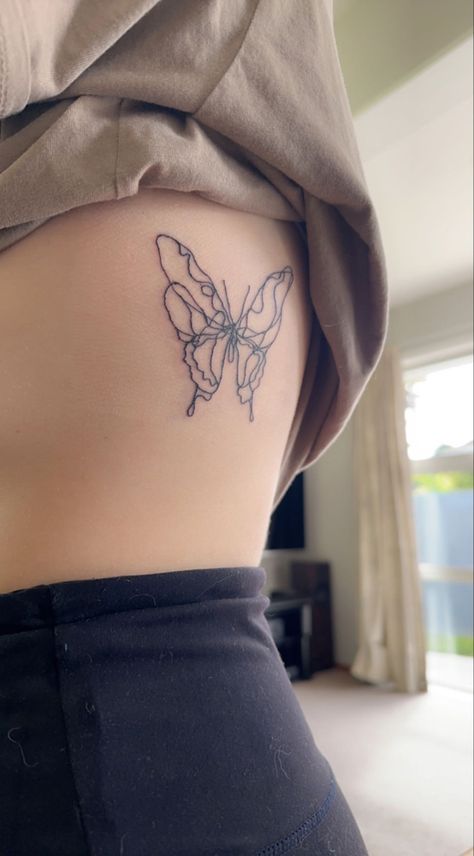 Star Tattoos On Side Rib Cage, Side Rib Butterfly Tattoo, Geometric Rib Tattoo, Rib Tattoo Butterfly, Rib Butterfly Tattoo, Side Body Tattoos Ribs, Butterfly Rib Tattoo, Rib Cage Tattoos, Side Body Tattoos