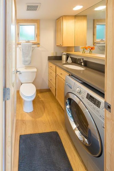 344-sqft “Traveler XL” Tiny Home on Wheels by Escape Homes Tiny House Movement // Tiny Living // Tiny House Bathroom // Tiny Home Laundry // Small Bathroom Ideas // Bathroom Ideas // Bathroom Decor #TinyHouseonWheels #Architecture #Homedecor #TinyHome Laundry Bathroom Combo, Small Bathroom Sinks, Basement Laundry, Laundry Bathroom, Laundry Room Remodel, Tiny House Bathroom, Small Laundry, Toilet Design, Room Remodel