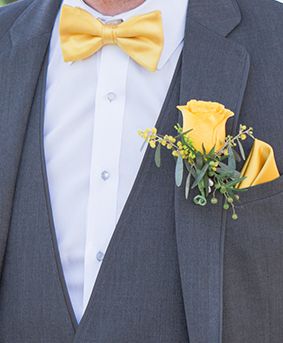 Yellow Groomsmen Attire, Prom Looks For Guys, Ac Villager, Yellow Boutonniere, Corsage Ideas, Prom Men, Yellow Wedding Dress, Yellow Wedding Theme, Western Style Wedding